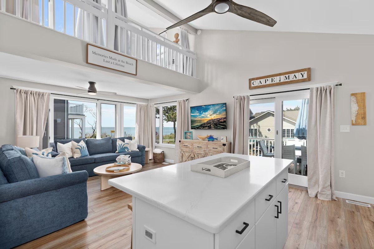 Open great room with bay views and a sunny loft